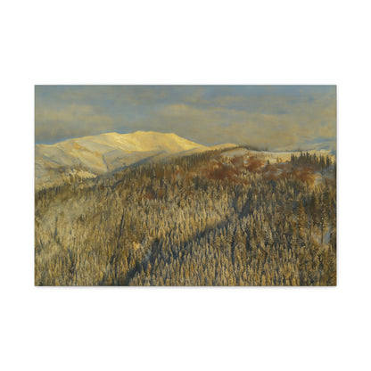 Winter mountain landscape matte canvas print by Printify, stretched 1.25 inches, showcasing a scenic snowy mountain view.