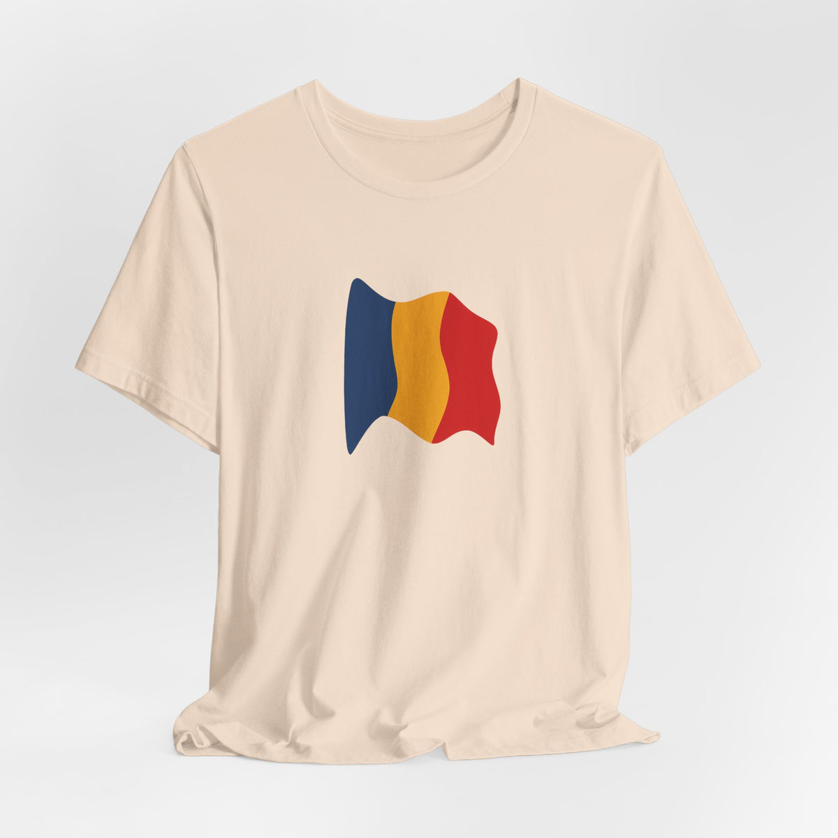 Romania flag T-shirt by Printify featuring a minimal waving tricolor design on a casual tee.