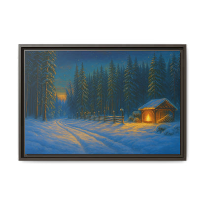 Winter cabin canvas wall art by Printify, featuring a cozy snowy forest scene in a matte framed print.