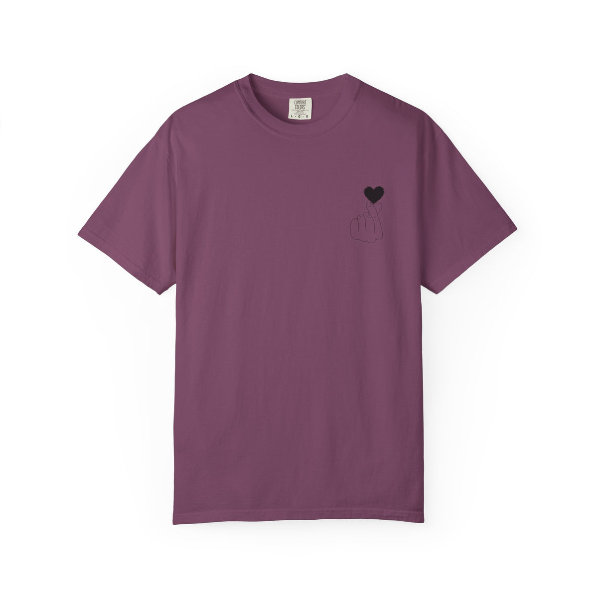 Black T-shirt with a minimal white finger heart graphic, featuring the Printify logo on the front.