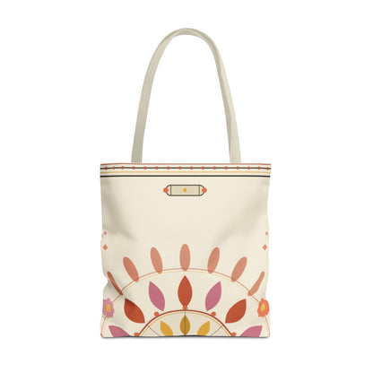 Boho floral mandala tote bag featuring a pastel sunburst pattern, designed by Printify, with colorful floral and geometric prints.