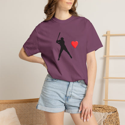 Printify baseball batter heart T-shirt featuring a graphic of a batter swinging a bat with a heart design.