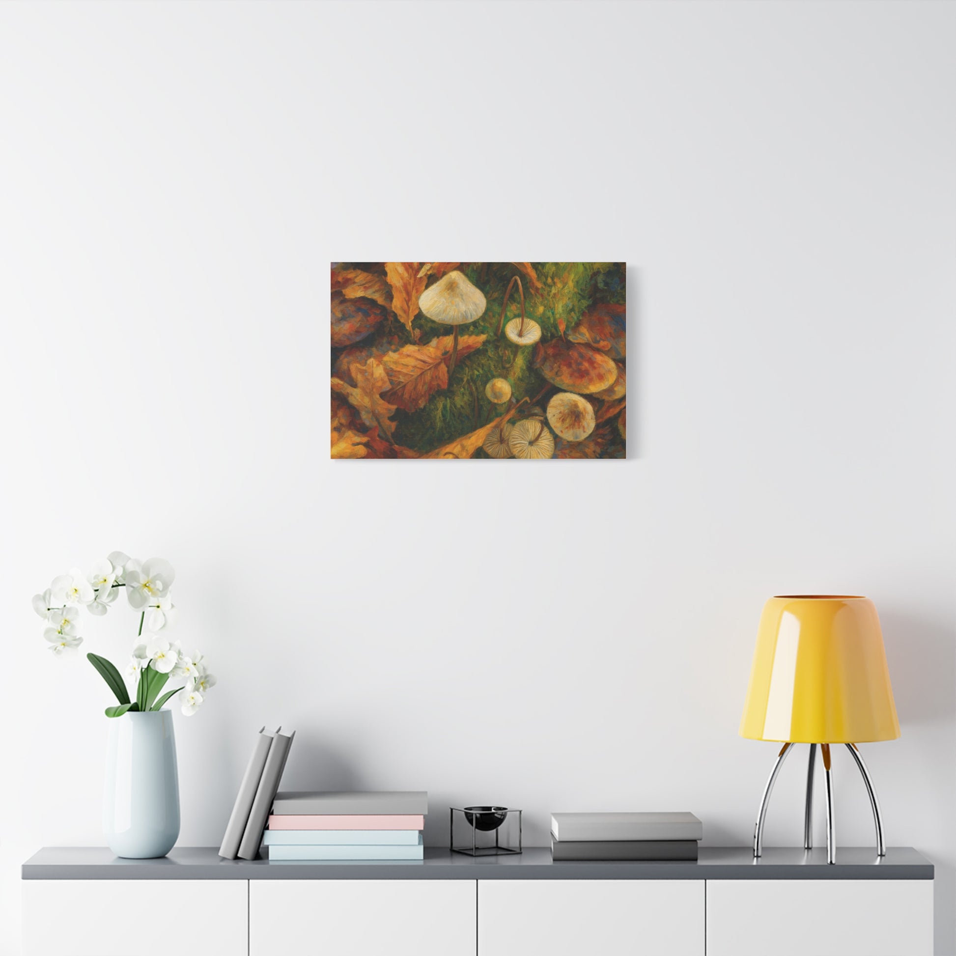 Autumn Mushrooms Canvas print by Printify featuring colorful fall mushrooms on a textured canvas background.
