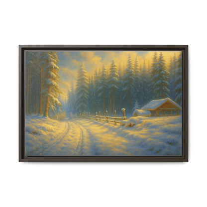 Framed winter cabin canvas print featuring a snowy forest sunset, wall art by Printify showcasing cozy winter scenery.