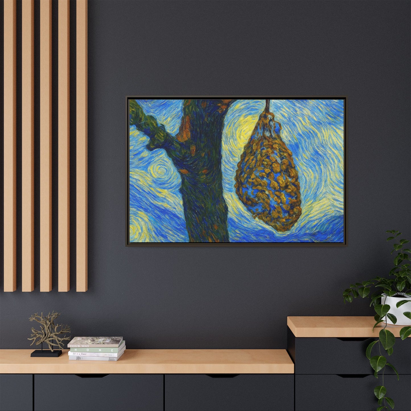 Framed matte canvas art of a starry nut cluster with dried plum in a tree, by Printify, showing detailed botanical artwork.