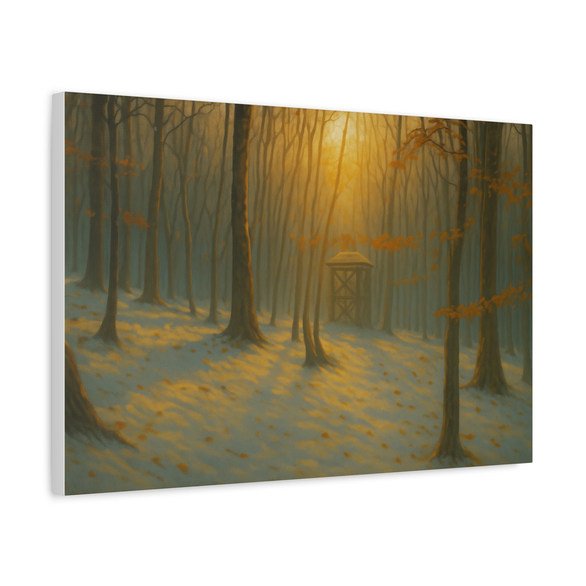 Matte stretched canvas print of a misty forest sunrise landscape, by Printify, showcasing vibrant natural scenery.