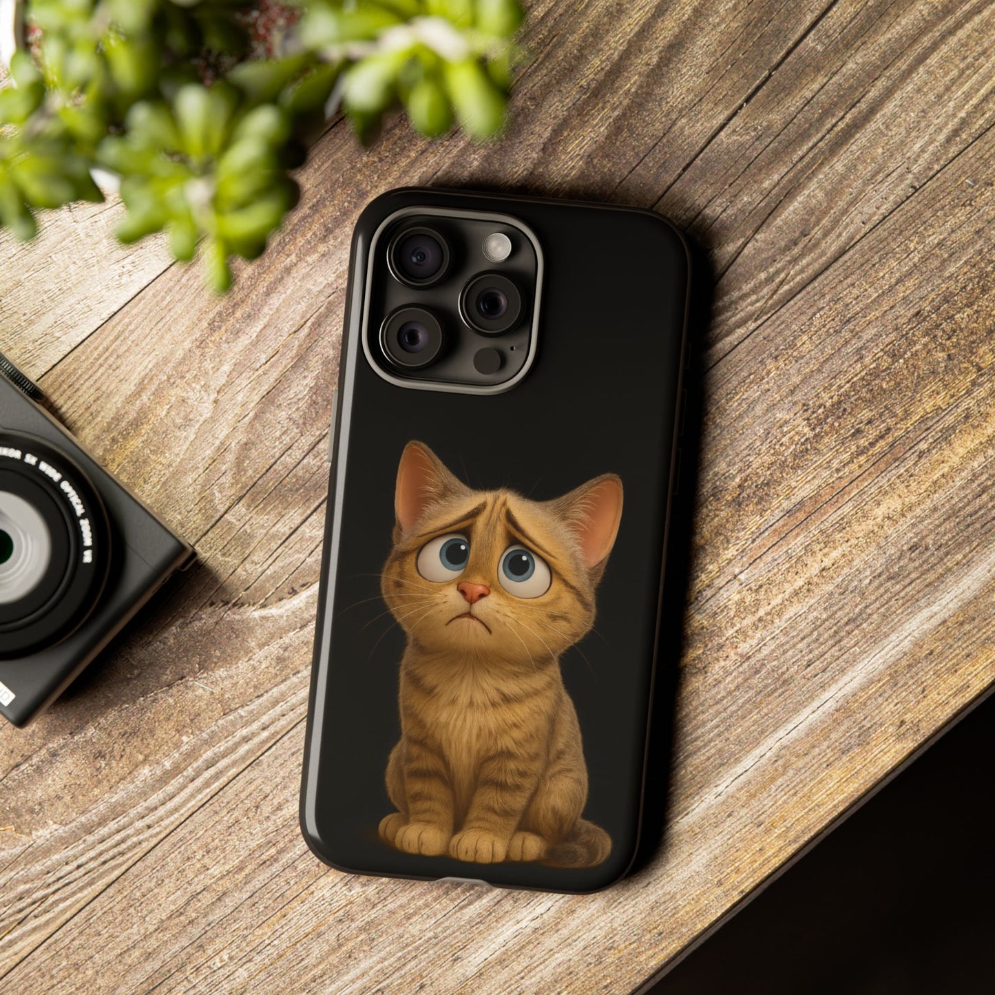 Cute sad kitty print phone case for iPhone by Printify, featuring a protective design with a sad cat illustration.