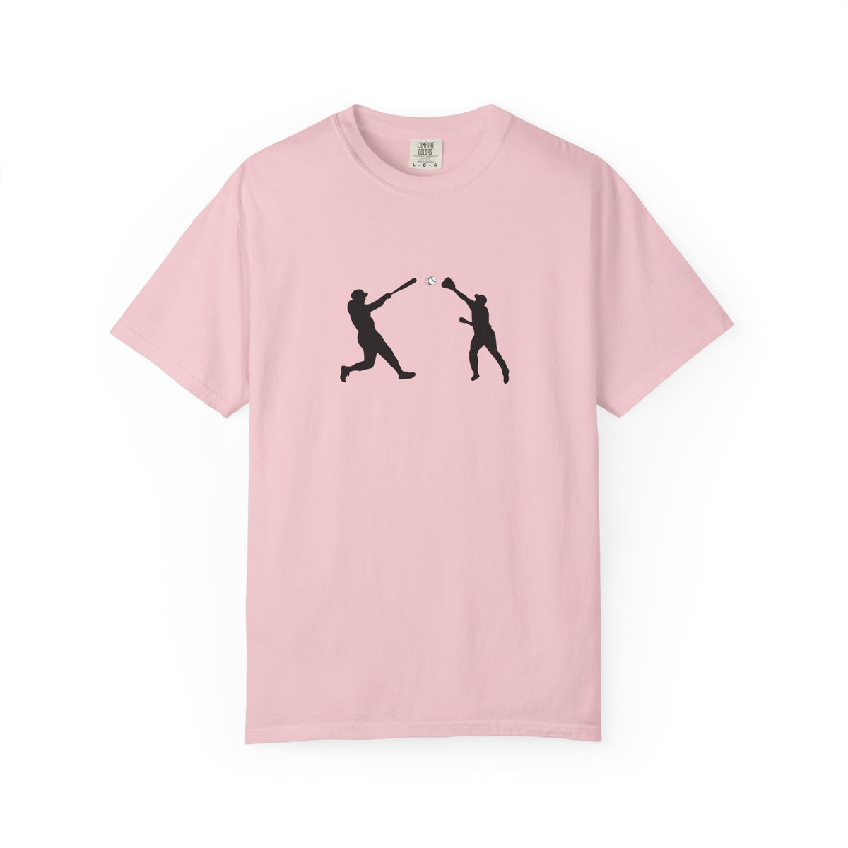 Black baseball silhouette graphic T-shirt by Printify featuring a minimalist baseball player design on the front.