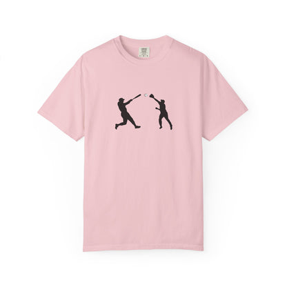 Black baseball silhouette graphic T-shirt by Printify featuring a minimalist baseball player design on the front.
