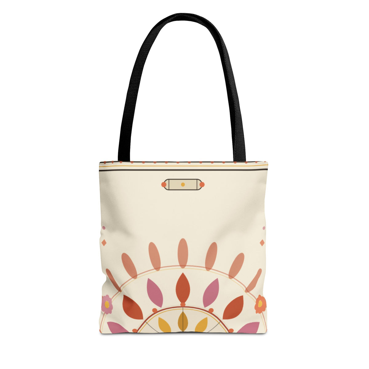 Boho floral mandala tote bag with pastel sunburst pattern, featuring colorful bohemian design on fabric bag by Printify