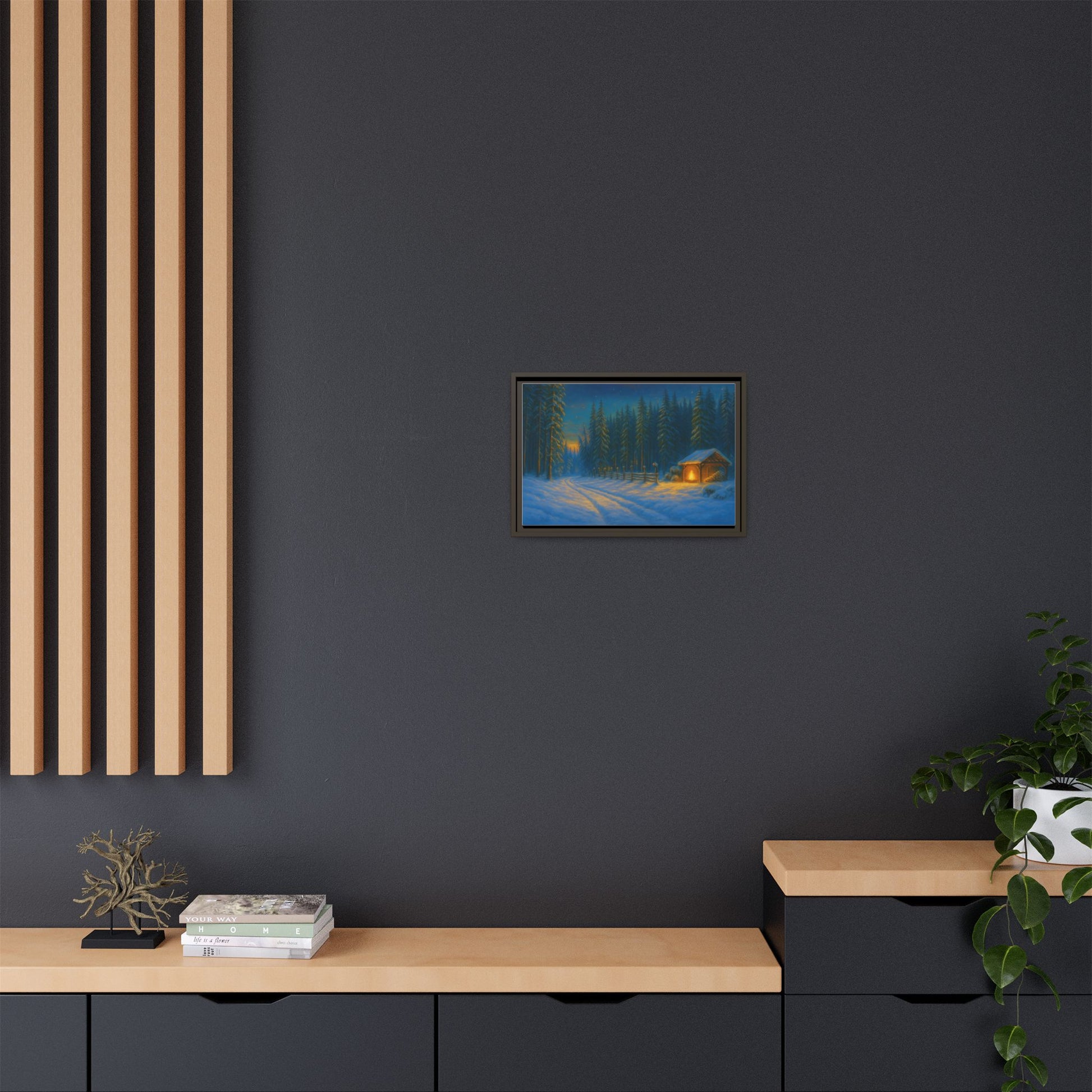 Cozy winter cabin matte framed canvas featuring a snowy forest scene at dusk, ideal for wall decor in living spaces.