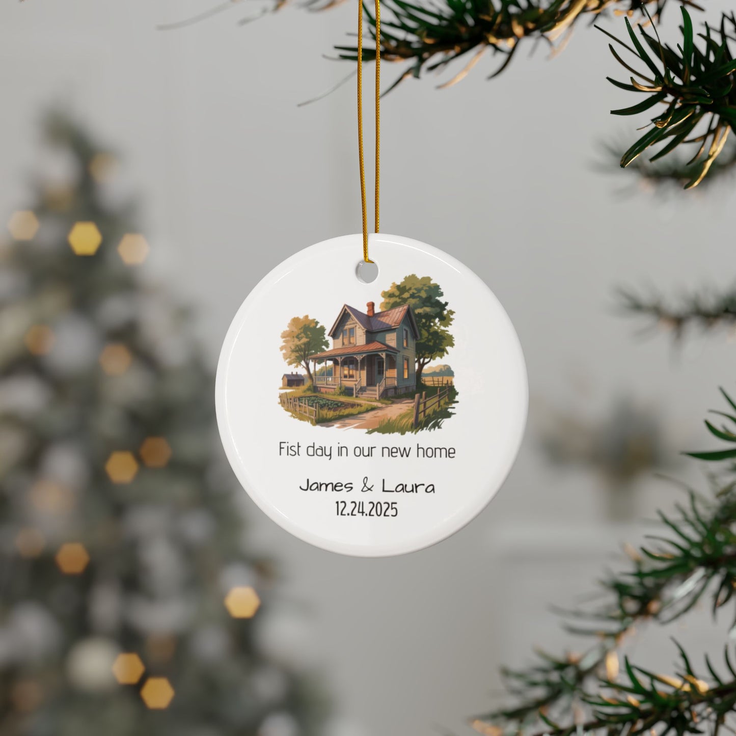 Vintage house illustration ceramic ornament with personalized name and date, ideal for decorative home ornaments.