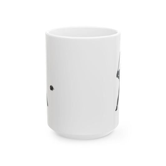 Ceramic baseball player mug with minimalist silhouette design, available in 11oz and 15oz sizes, by Printify.