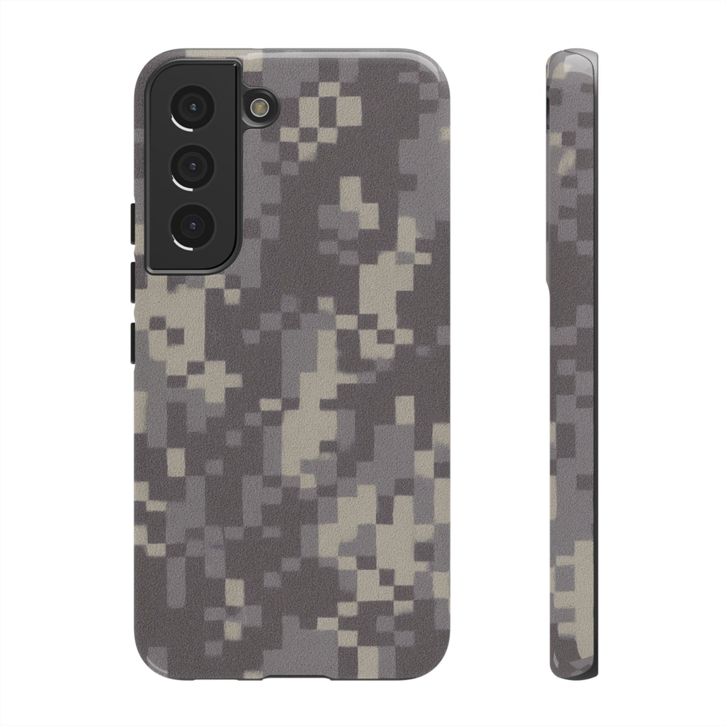 Camouflage tough phone case by Printify with rugged digital camo pattern protecting a smartphone from drops and scratches.