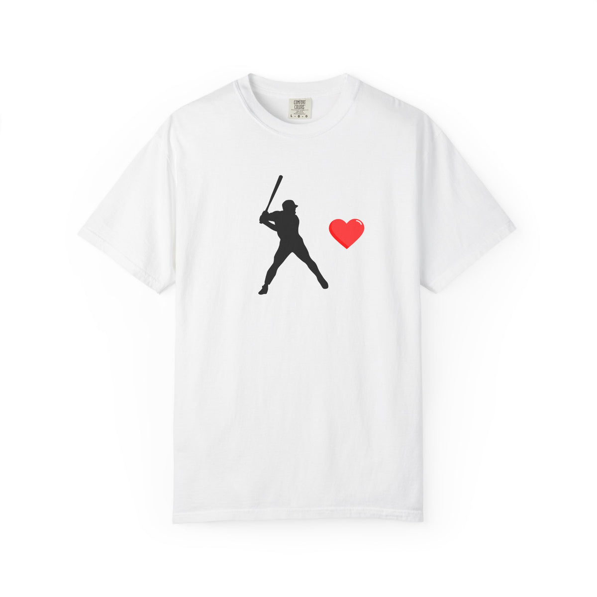 Printify baseball batter heart T-shirt displaying a graphic of a batter with a heart design on a casual T-shirt.