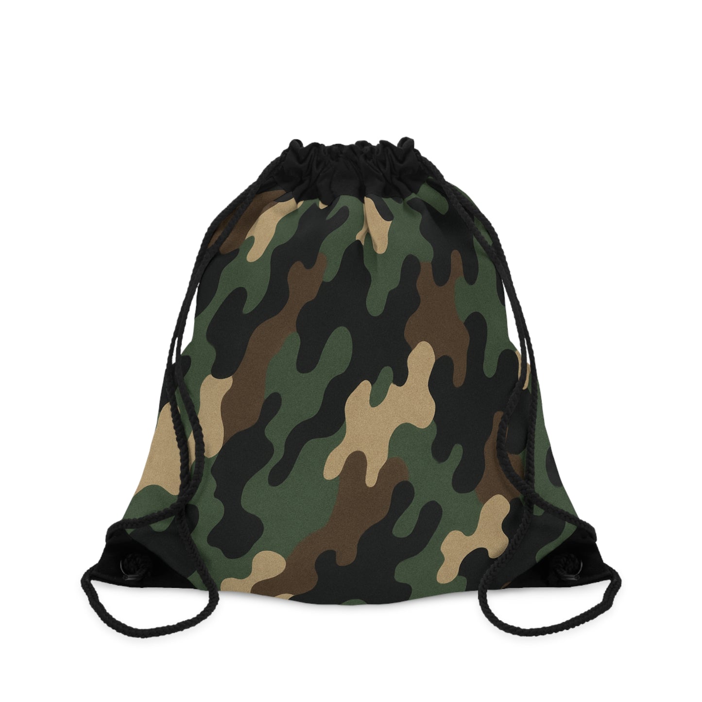 Green woodland camouflage drawstring bag by Printify, a lightweight gym sack with adjustable cords and camouflage pattern.