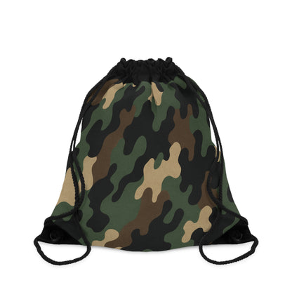 Green woodland camouflage drawstring bag by Printify, a lightweight gym sack with adjustable cords and camouflage pattern.