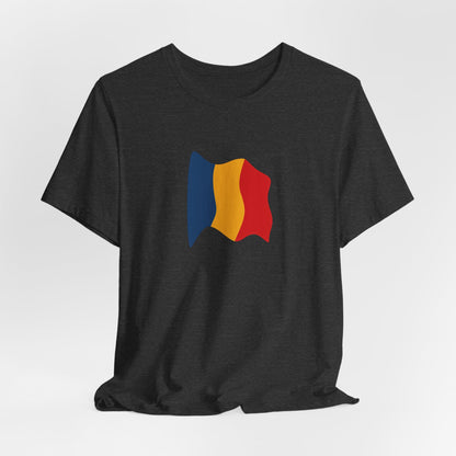 Romania Flag T-Shirt featuring a minimal waving tricolor design, casual unisex tee from Printify with patriotic colors.