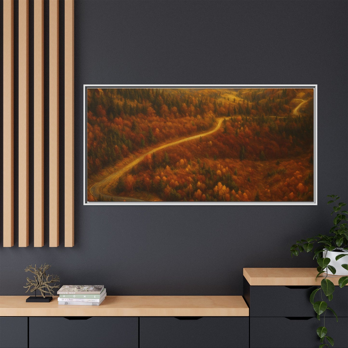 Framed matte canvas print of autumn forest road landscape wall art by Printify, showcasing vibrant fall trees and scenic pathway.