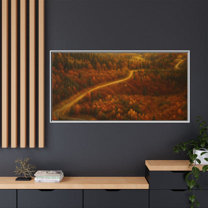 Framed matte canvas print of autumn forest road landscape wall art by Printify, showcasing vibrant fall trees and scenic pathway.