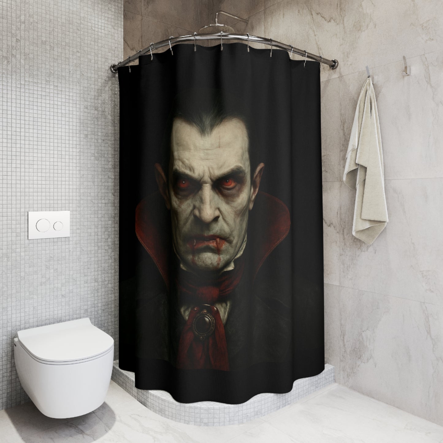 Gothic vampire portrait shower curtain with dark, horror-themed artwork for unique bathroom decor, by Printify.
