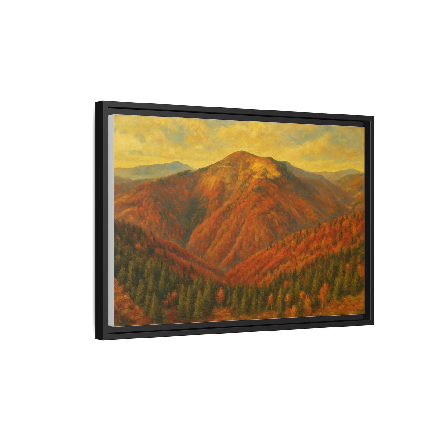 Autumn mountain matte canvas framed wall art by Printify featuring a scenic mountain landscape in warm autumn tones.