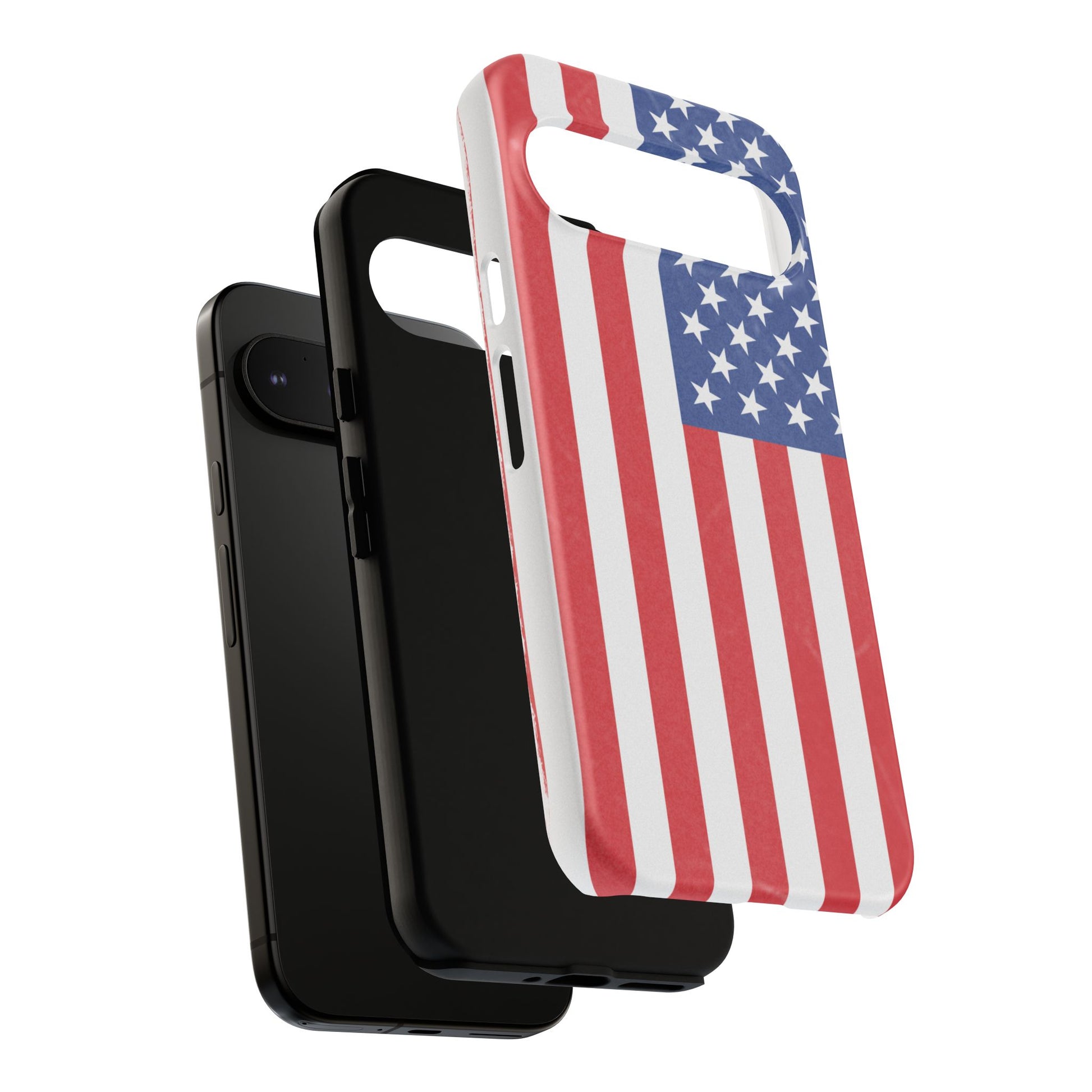 Durable American flag phone case for iPhone by Printify, featuring patriotic design and tough protective material.