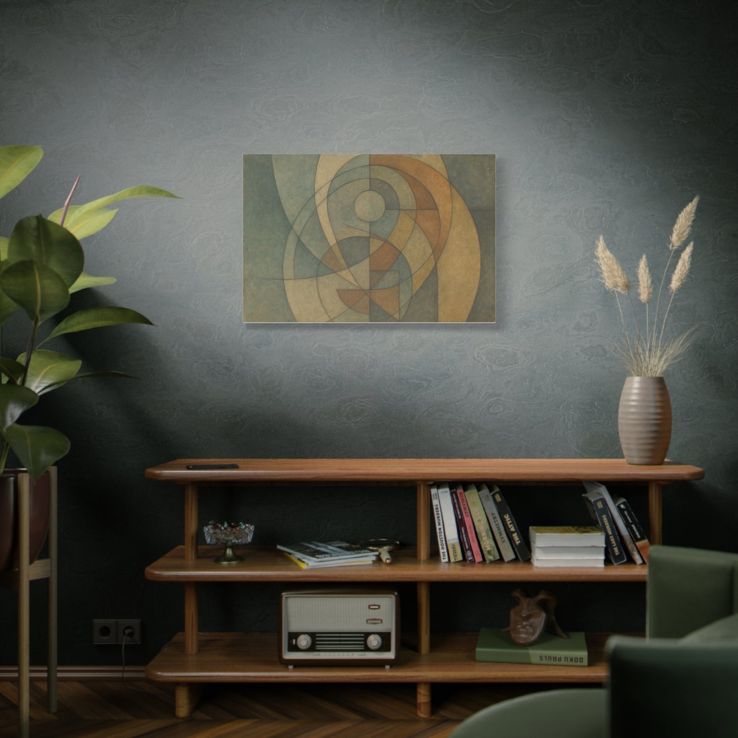 Abstract geometric circles on a matte canvas print by Printify, featuring modern, colorful circle patterns on a textured surface.