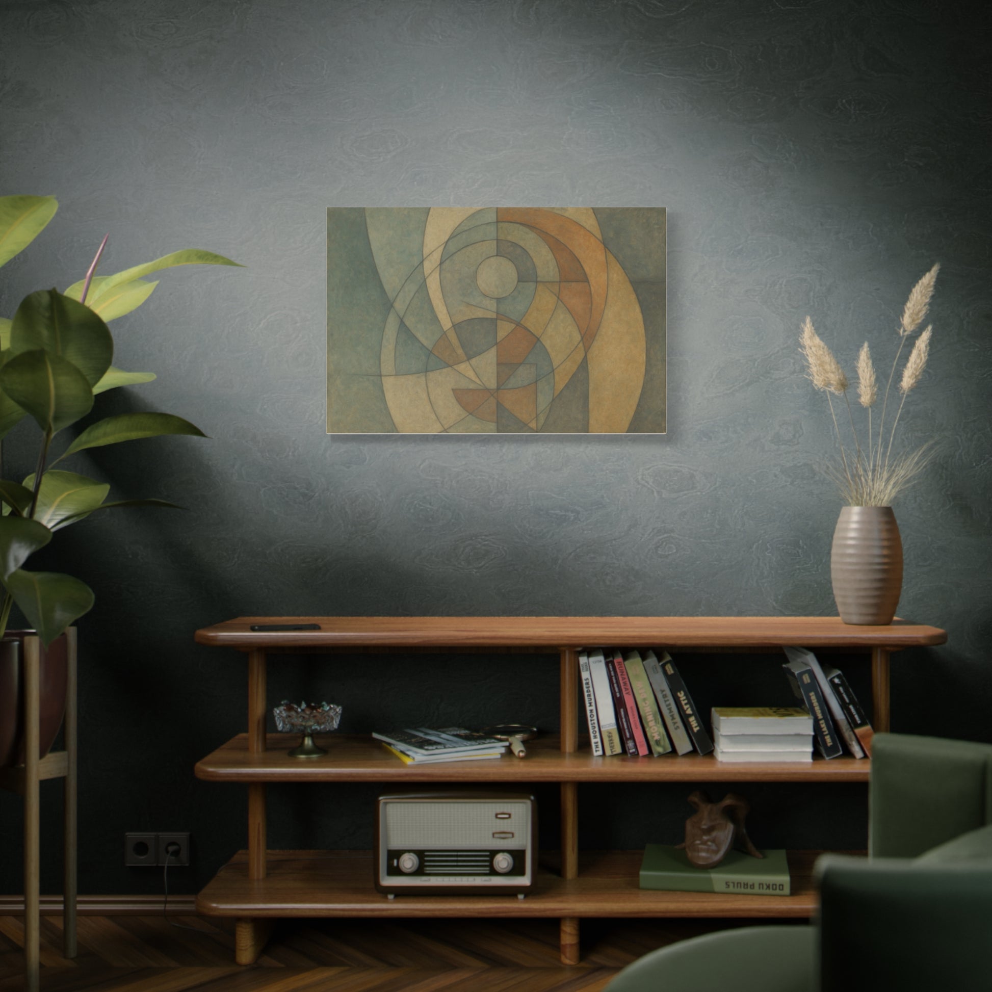 Abstract geometric circles on a matte canvas print by Printify, featuring modern, colorful circle patterns on a textured surface.