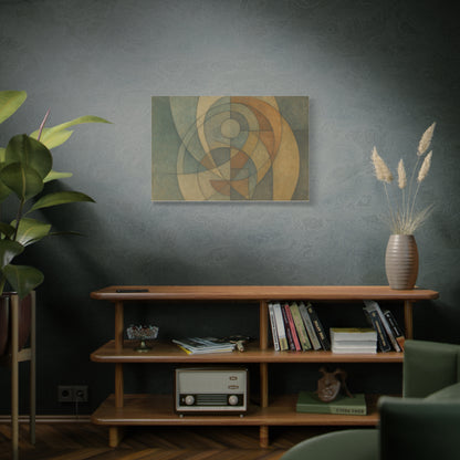 Abstract geometric circles on a matte canvas print by Printify, featuring modern, colorful circle patterns on a textured surface.