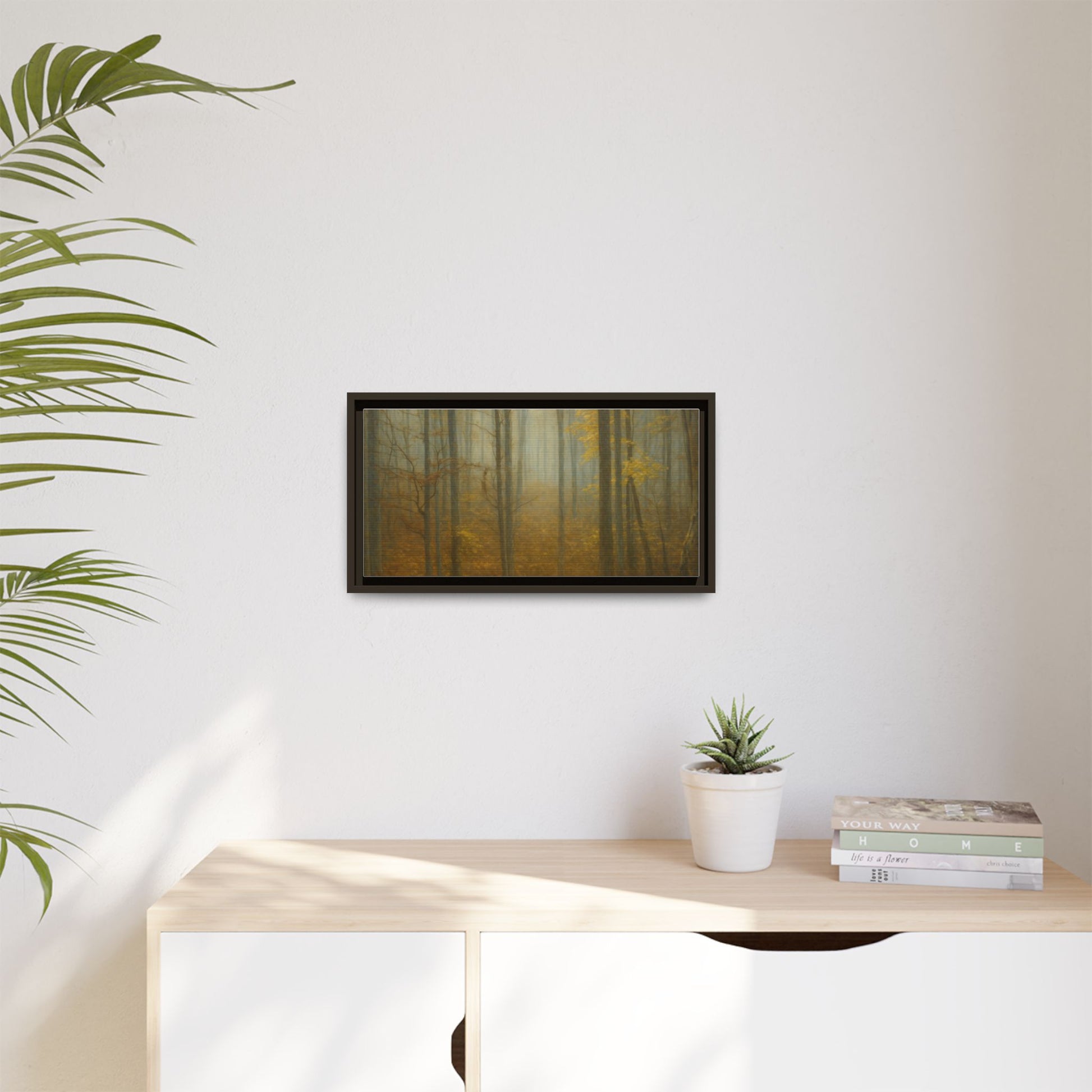 Framed matte canvas wall art of misty autumn forest with trees and fall colors, designed for home decor.