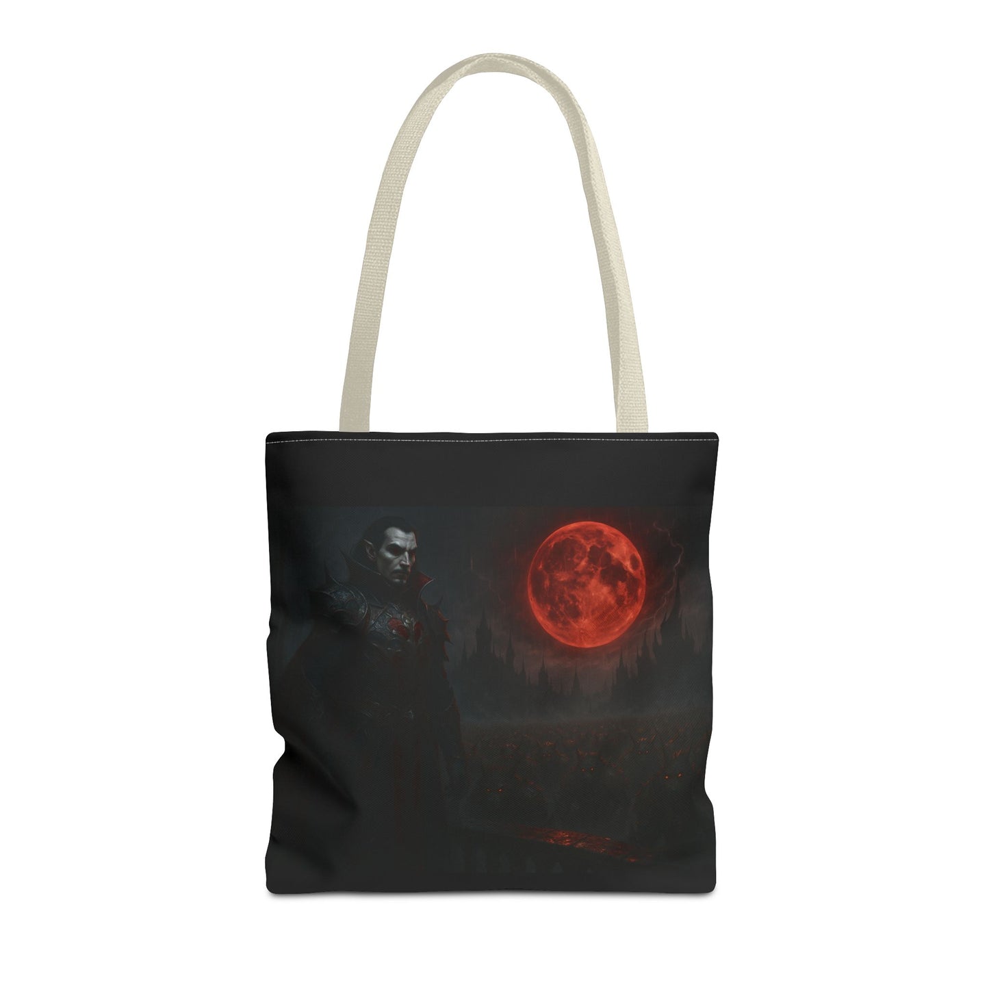 Gothic Dracula tote bag featuring moonlit vampire art, perfect for Halloween, by Printify with spooky vampire design on fabric bag.