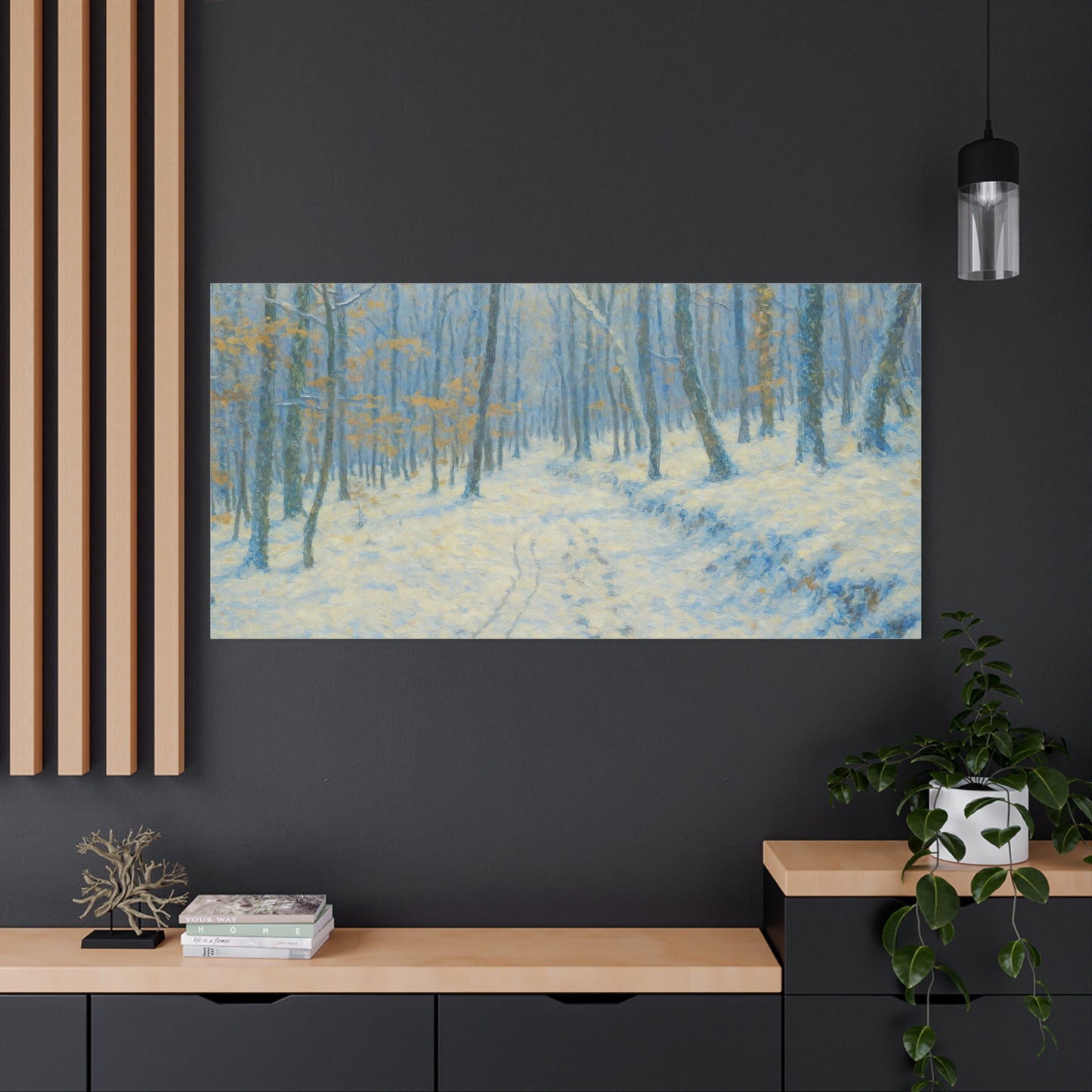 Winter woodland canvas print of a snowy forest scene, matte stretched wall art by Printify showing winter trees and snow.