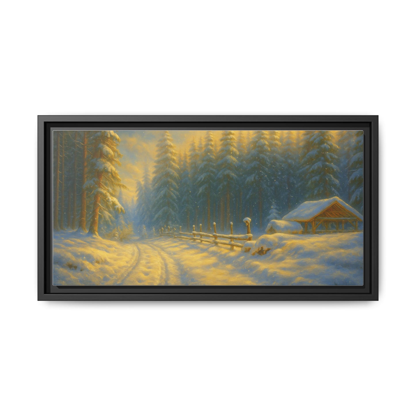 Framed winter cabin canvas print featuring a snowy forest sunset, wall art by Printify with a cozy winter scene.