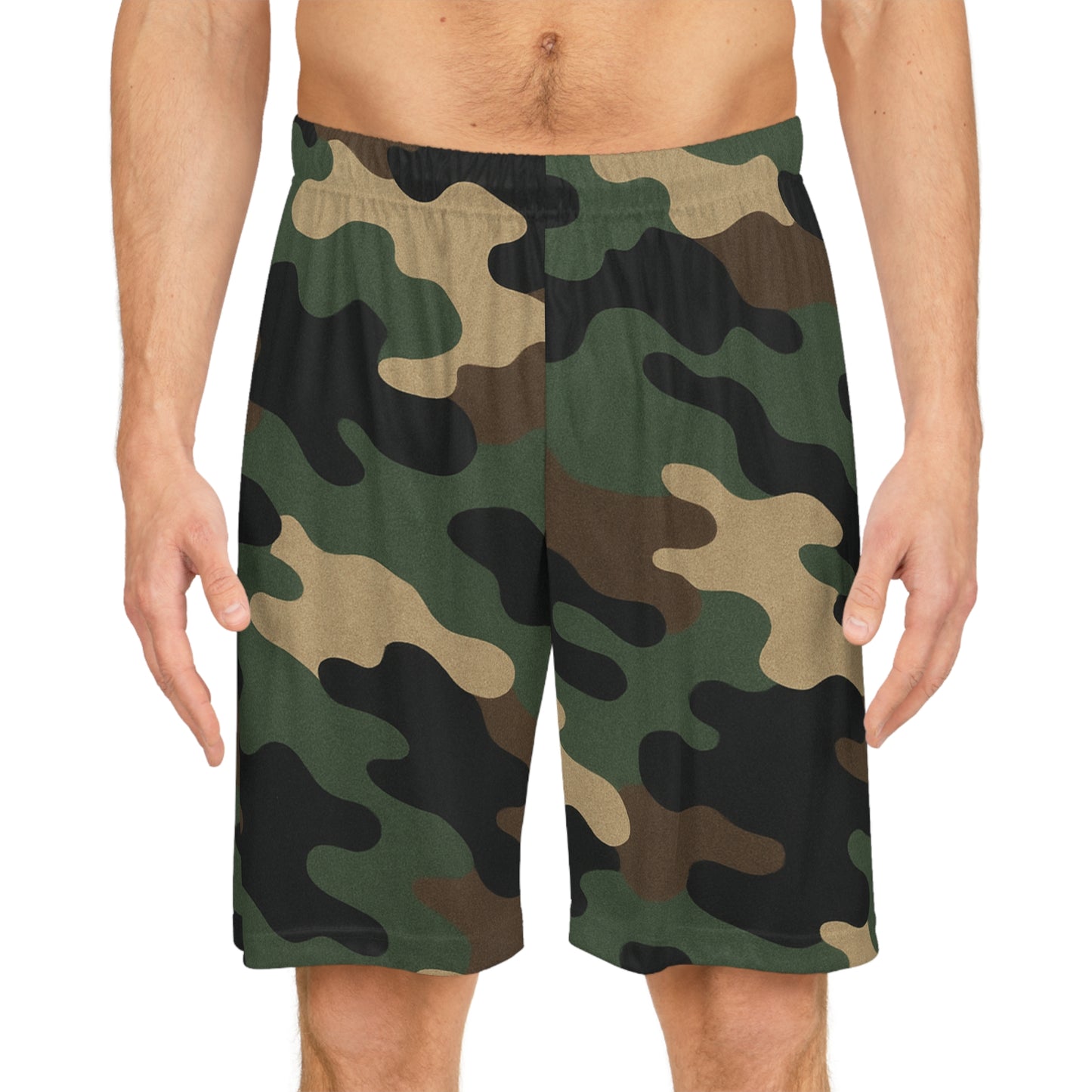 Green woodland camo basketball shorts with all-over print from Printify, designed for athletic wear and casual sports activities.
