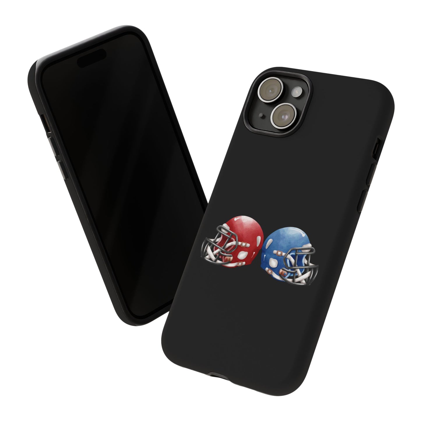 Red and blue football helmet tough phone case for iPhone, protective Printify cover with realistic helmet design.