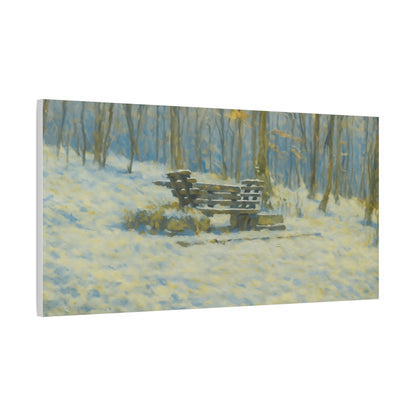 Snowy park bench matte canvas print featuring winter woodland scene, stretched 1.25 inches, ideal wall art for nature decor.