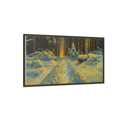 Framed matte canvas print of a snowy forest path at sunset, wall art by Printify showcasing winter landscape and nature scene.