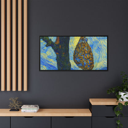 Framed matte canvas art of a starry nut cluster with dried plum in a tree, by Printify, showcasing detailed natural imagery