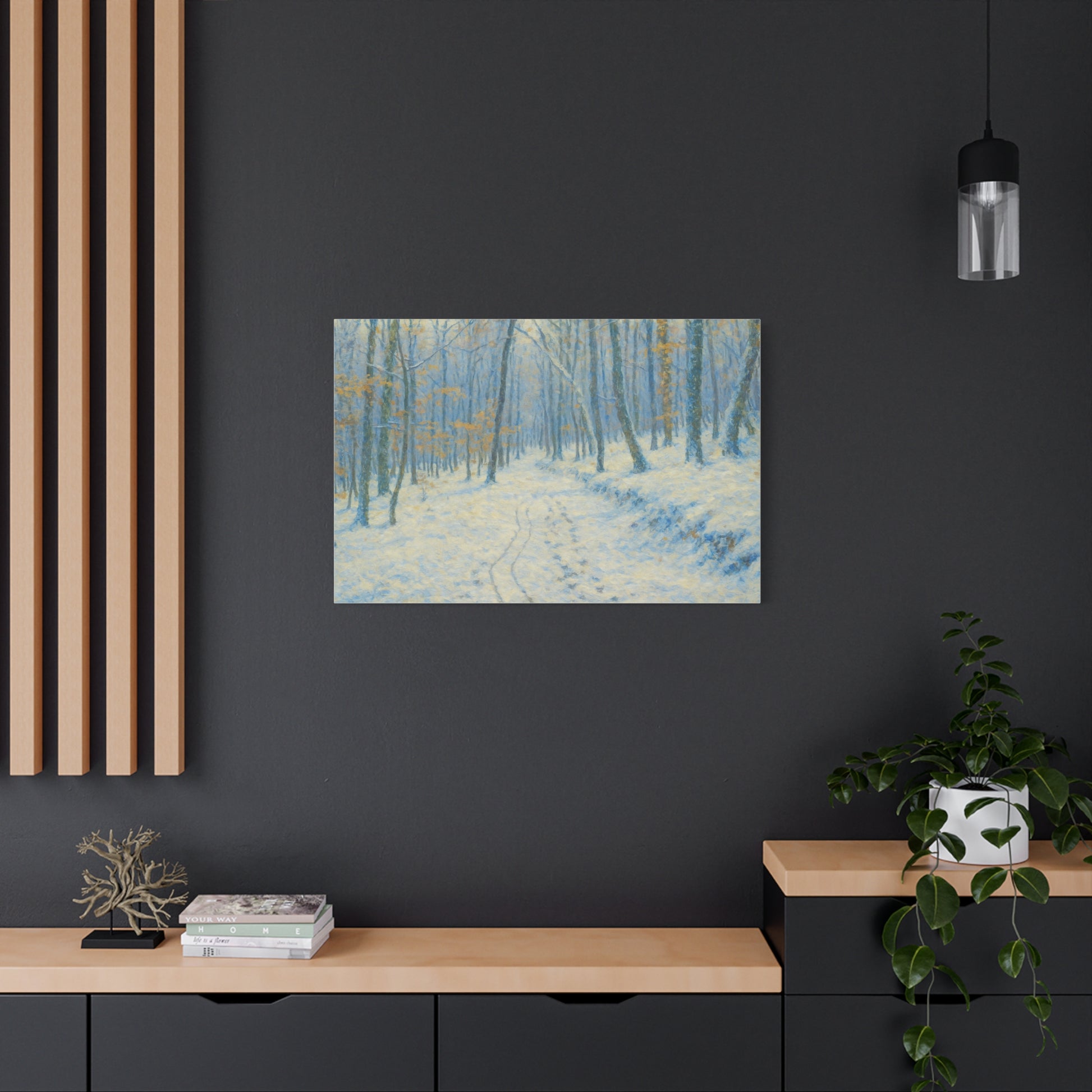 Winter woodland canvas print by Printify featuring a snowy forest scene on a matte stretched wall art canvas.