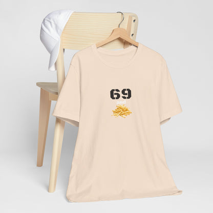 Unisex graphic T-shirt featuring a playful 69 and French fries design in black and white, casual streetwear style.