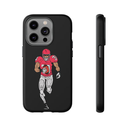 Black protective phone case featuring a football player design for iPhone, made by Printify, with a sporty, rugged look.