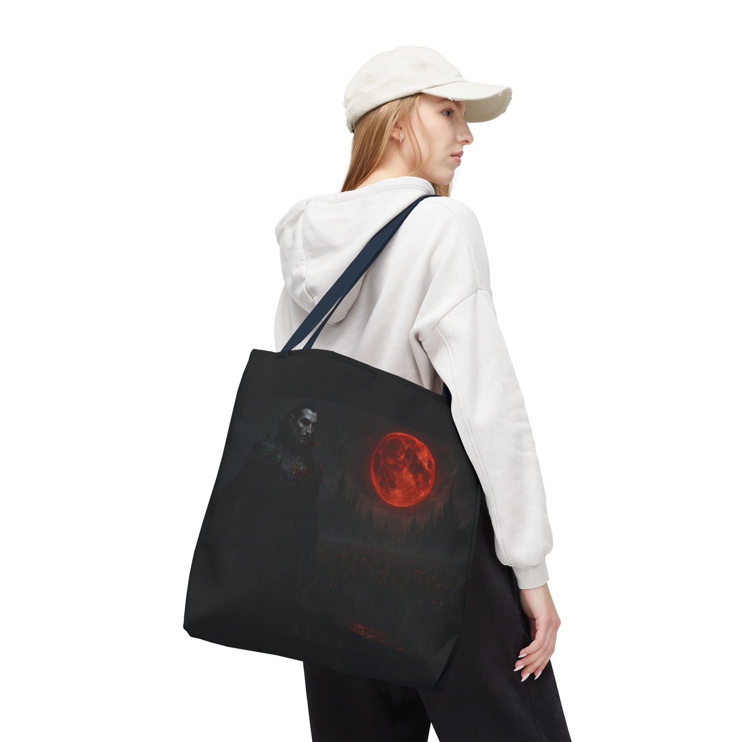 Gothic Dracula tote bag featuring moonlit vampire artwork, perfect as a Halloween gift, by Printify.