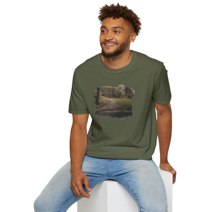 Vintage forest landscape T-shirt by Printify featuring a nature pathway design on a comfortable cotton tee.
