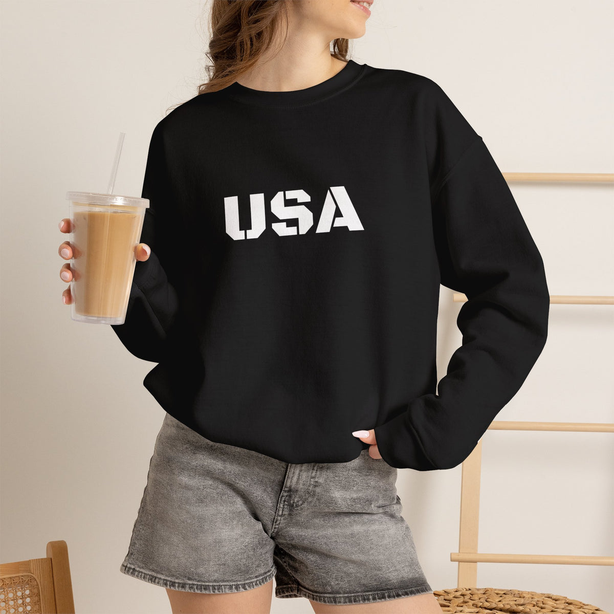 Printify USA crewneck sweatshirt with patriotic design, cozy fit, perfect for all seasons, casual wear, and patriotic gifting.