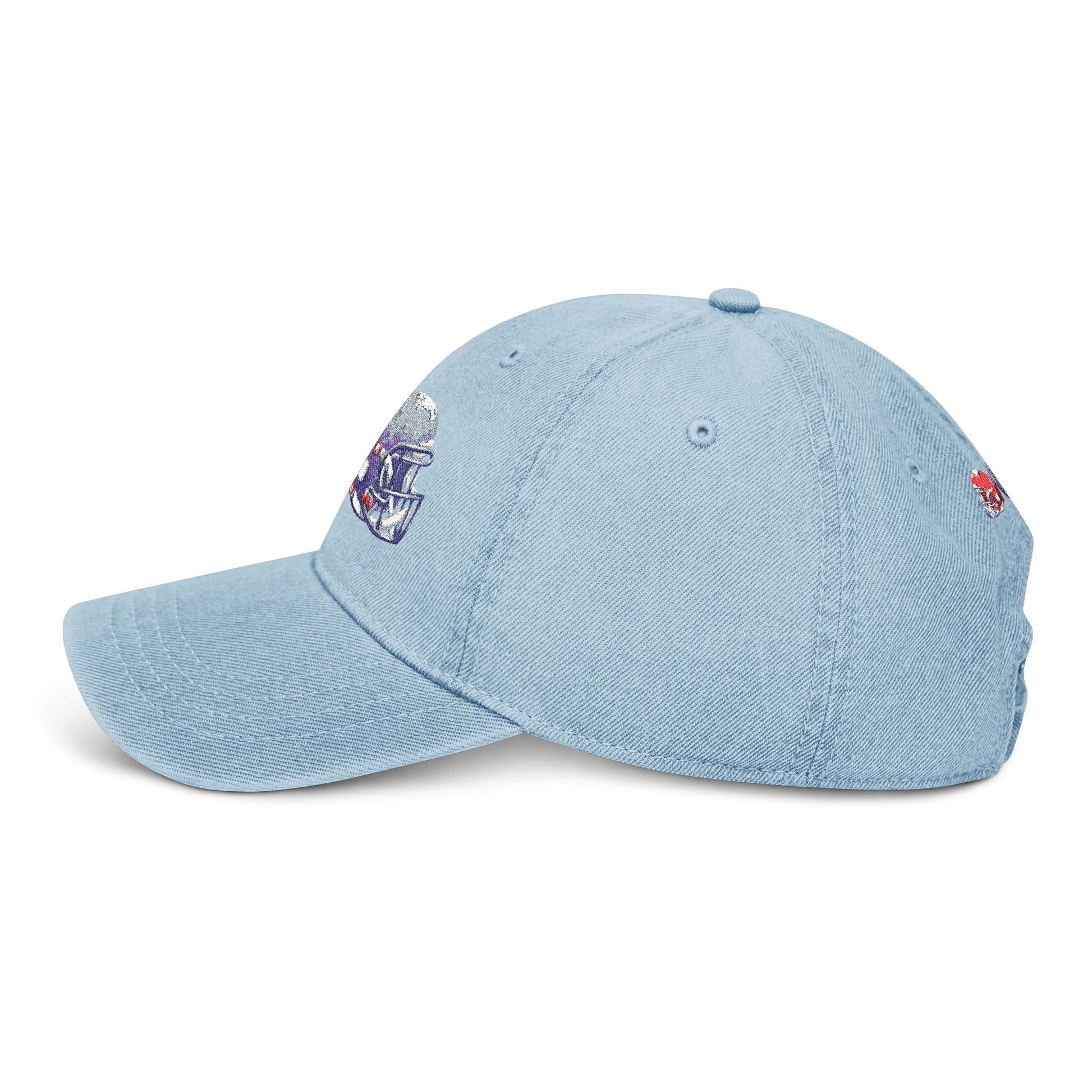 Red and blue embroidered football helmets denim hat featuring team cap design, casual sports-themed hat by Printify.