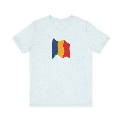 Romania flag T-shirt by Printify featuring a minimal waving tricolor design on a casual tee.