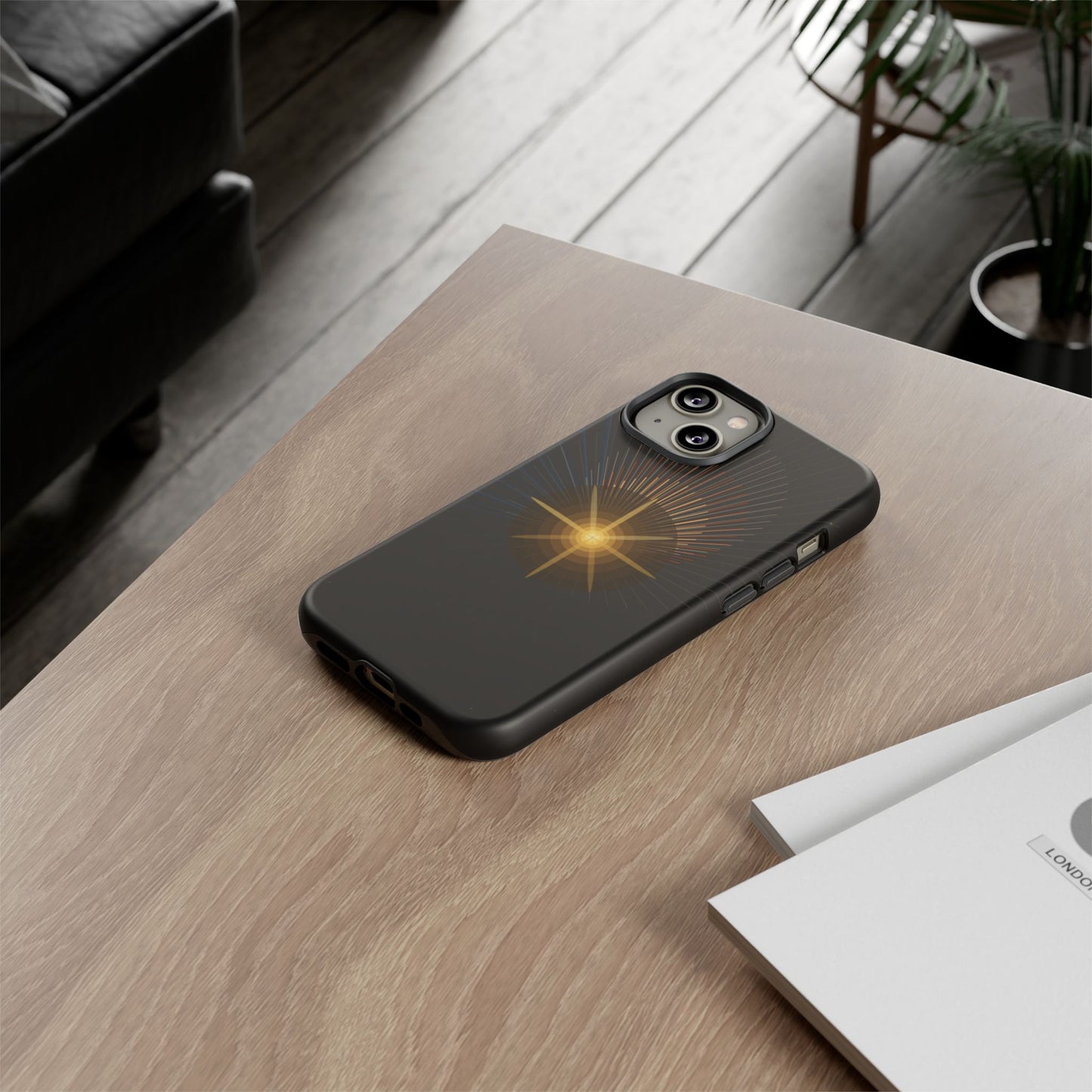 Tough Cases - Radiant Star Phone Case, Protective Black Shockproof Cover with Golden Light Design