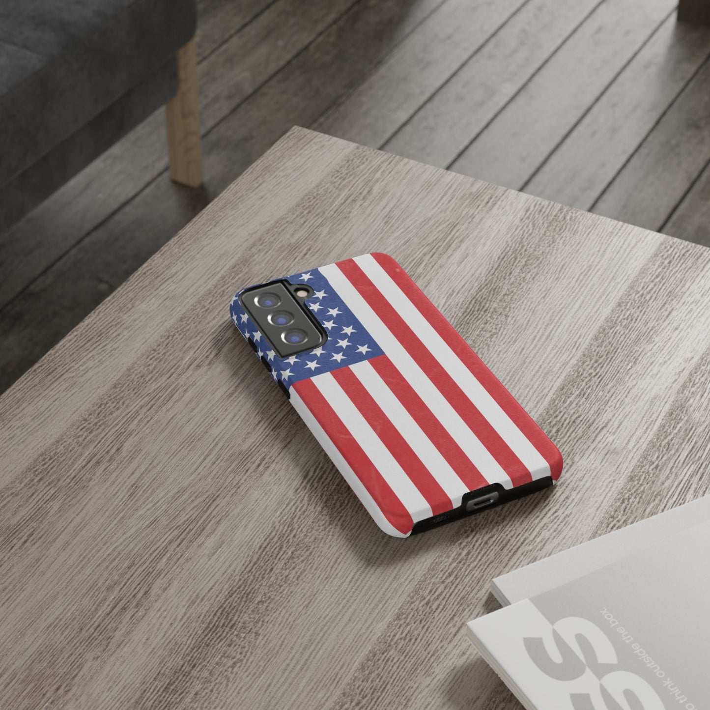 American flag tough phone case for iPhone and Samsung, patriotic protective cover with bold flag design by Printify.