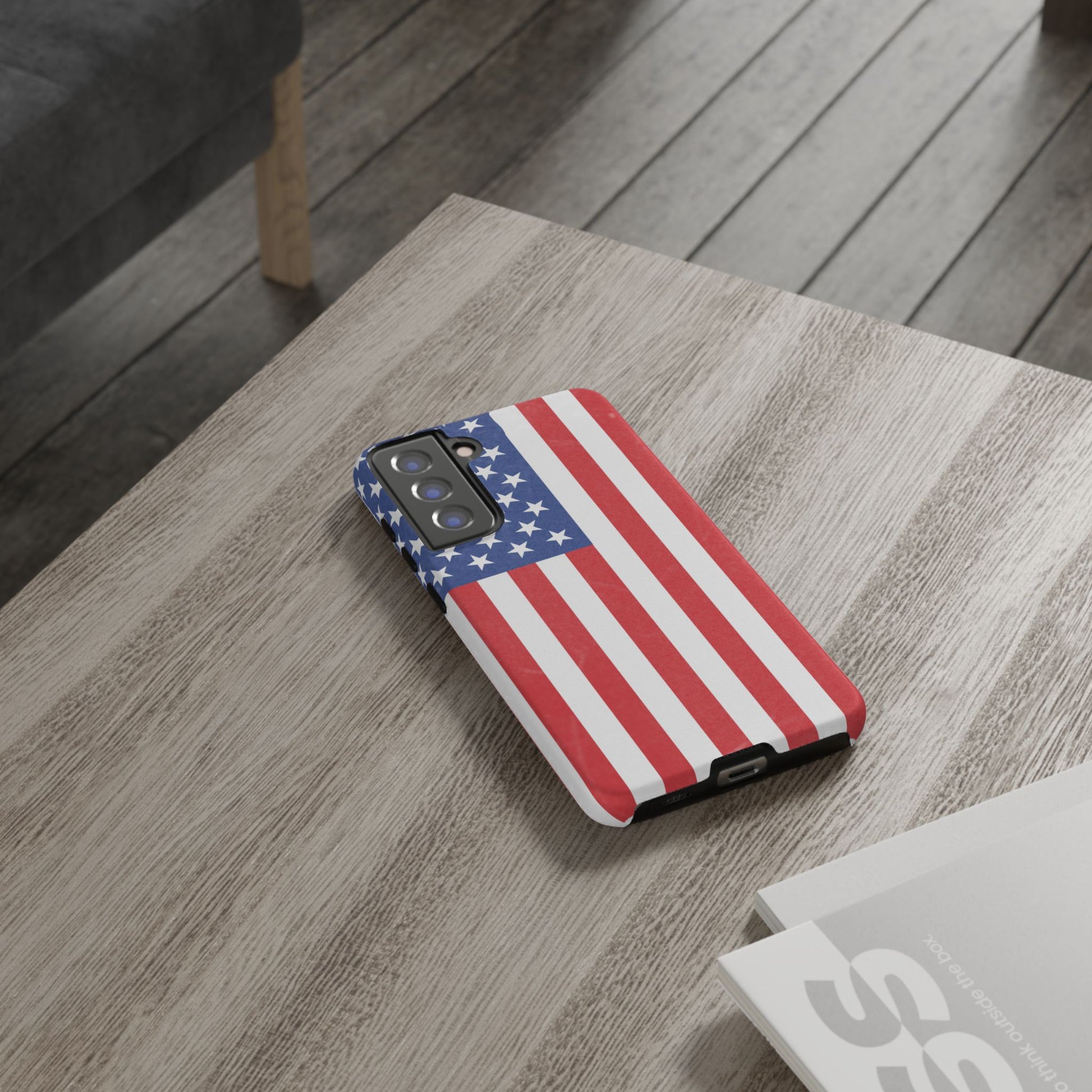 American flag tough phone case for iPhone and Samsung, patriotic protective cover with bold flag design by Printify.